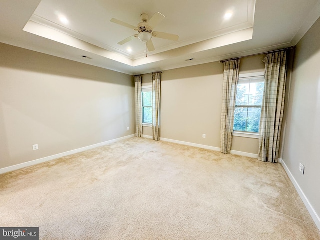 carpeted spare room with ornamental molding, a healthy amount of sunlight, and a tray ceiling