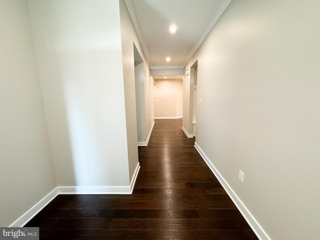 hallway featuring ornamental molding and dark hardwood / wood-style floors