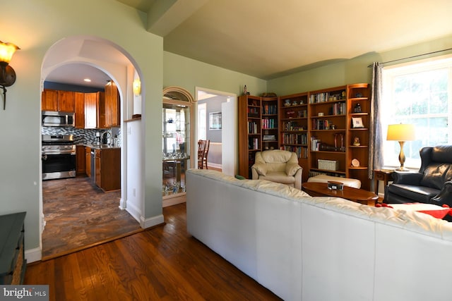 living room featuring sink and dark wood-type flooring