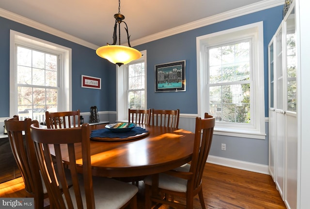 dining area with crown molding and dark hardwood / wood-style floors