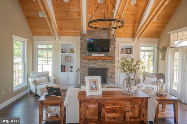 living room with wood ceiling, dark wood-type flooring, vaulted ceiling with beams, a fireplace, and built in shelves