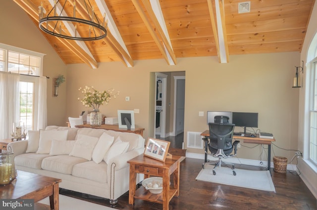 living room featuring vaulted ceiling with beams, wood ceiling, and dark hardwood / wood-style floors