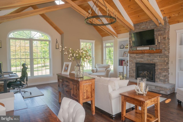 living room featuring built in features, dark hardwood / wood-style floors, a fireplace, wooden ceiling, and beamed ceiling