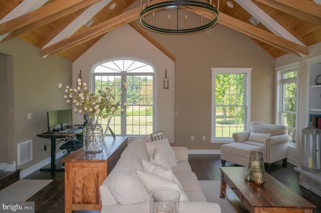 living room featuring lofted ceiling with beams, plenty of natural light, and dark hardwood / wood-style floors