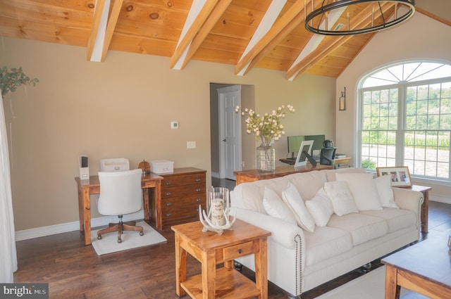 living room featuring wood ceiling, dark hardwood / wood-style flooring, and lofted ceiling with beams