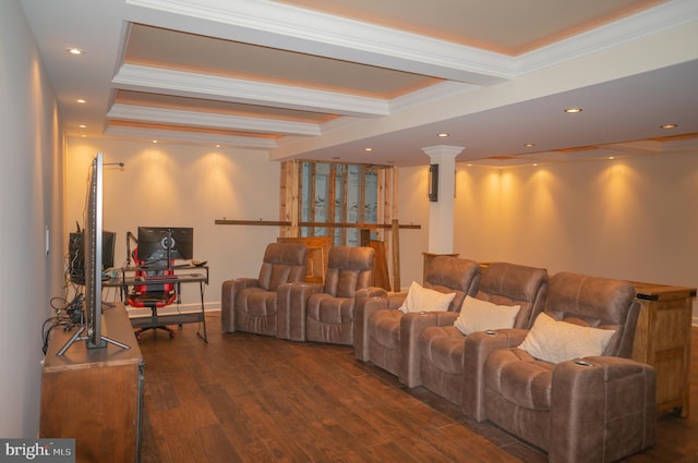 home theater room with ornamental molding, dark hardwood / wood-style floors, and beam ceiling