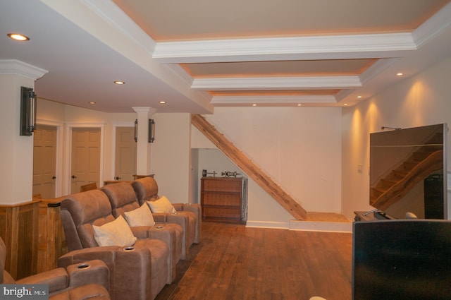 living room with crown molding, dark hardwood / wood-style floors, and ornate columns