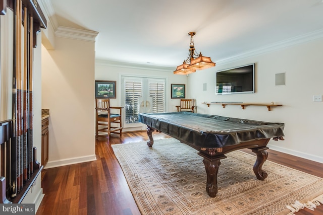 playroom featuring crown molding, billiards, and dark hardwood / wood-style flooring