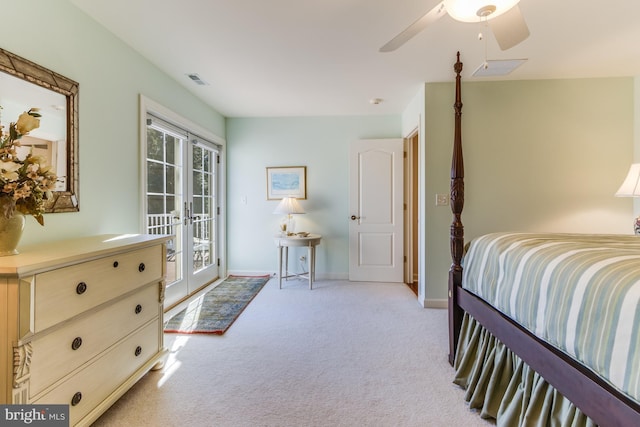 carpeted bedroom with access to exterior, ceiling fan, and french doors