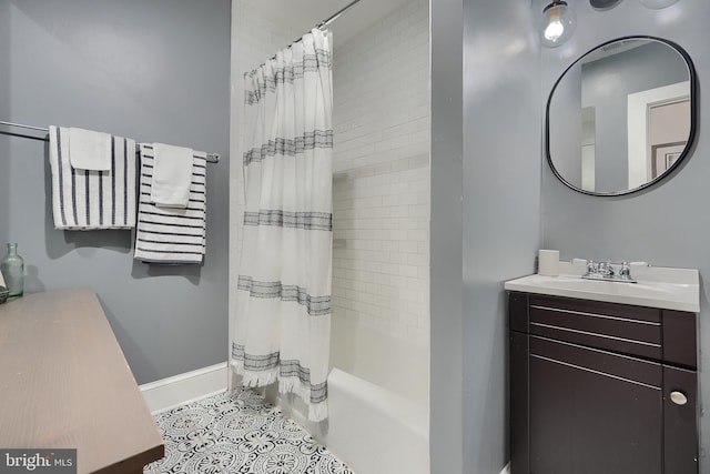 bathroom with vanity, tile patterned floors, and shower / bath combo