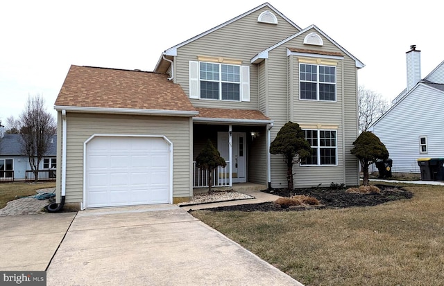 view of front property with a garage, covered porch, and a front lawn