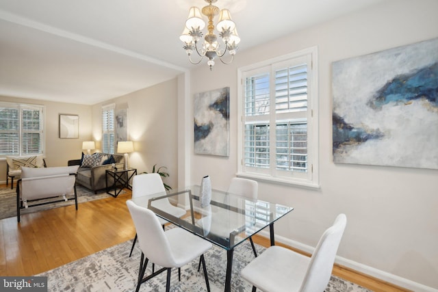 dining room featuring wood-type flooring, a chandelier, and a wealth of natural light