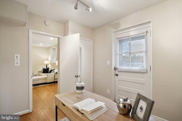 entryway featuring rail lighting and light hardwood / wood-style flooring