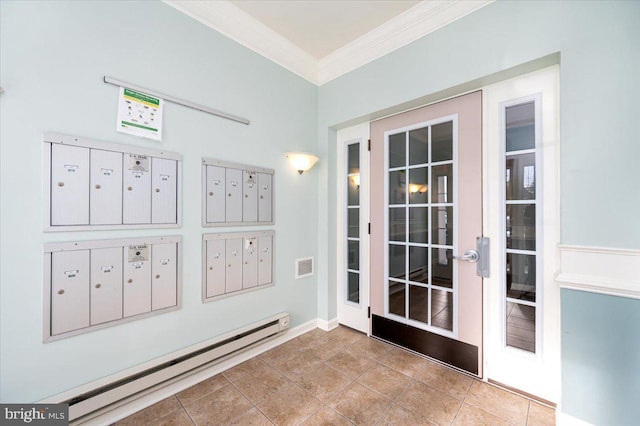 interior space with a baseboard heating unit, ornamental molding, a mail area, and light tile patterned flooring