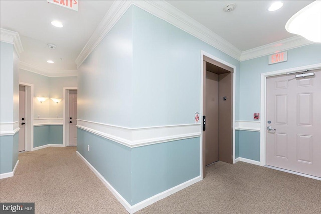 corridor with crown molding, elevator, and light carpet