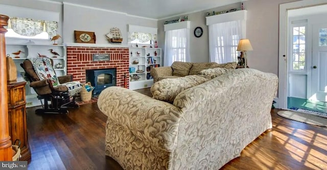 living room with a fireplace, dark wood-type flooring, and ornamental molding