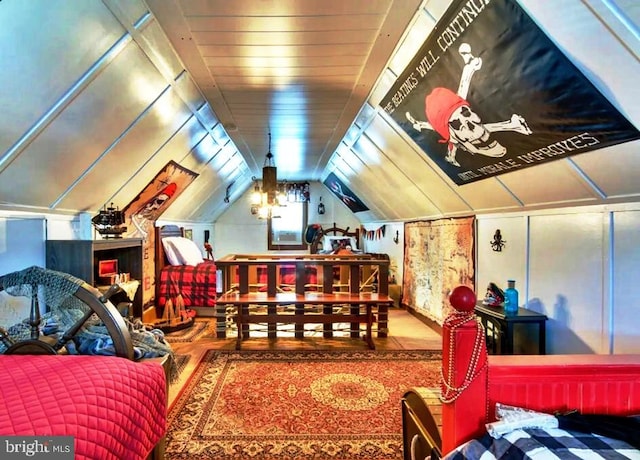 bedroom with hardwood / wood-style flooring, vaulted ceiling, and wooden ceiling