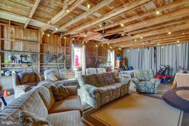 interior space with track lighting and wooden ceiling