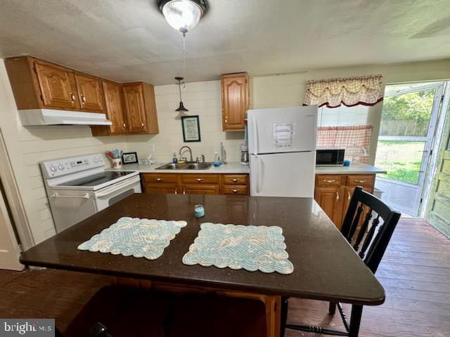 kitchen with sink, white appliances, light hardwood / wood-style floors, and hanging light fixtures