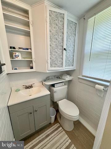 bathroom with wood-type flooring, vanity, and toilet