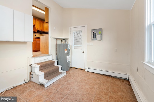 interior space featuring white cabinetry, a baseboard heating unit, electric panel, and electric water heater