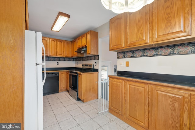 kitchen featuring electric stove, light tile patterned floors, black dishwasher, ventilation hood, and white fridge