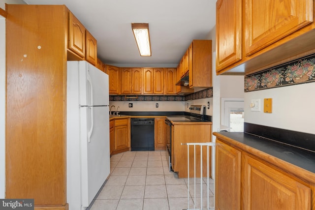 kitchen featuring sink, stainless steel electric range, dishwasher, light tile patterned flooring, and white fridge