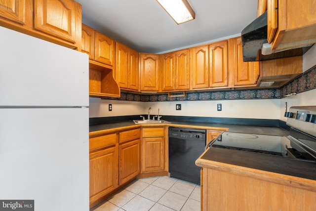 kitchen with sink, light tile patterned floors, black dishwasher, white fridge, and stainless steel electric stove