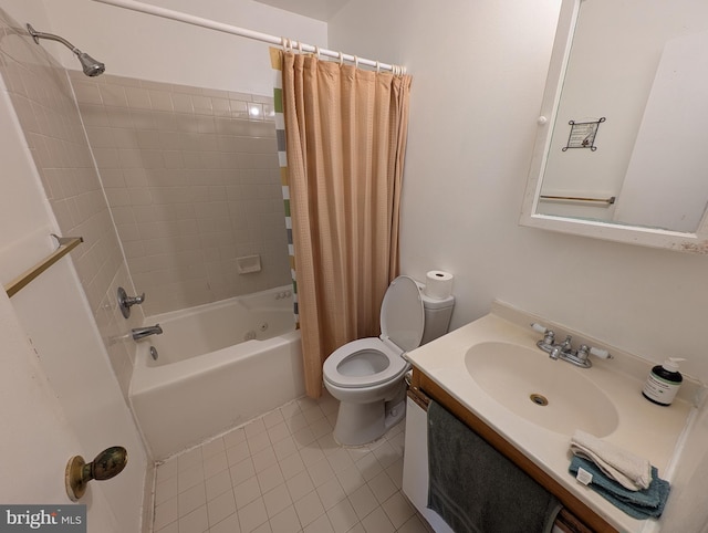 full bathroom featuring shower / bathtub combination with curtain, vanity, tile patterned floors, and toilet