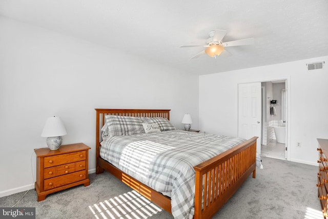 carpeted bedroom with ceiling fan