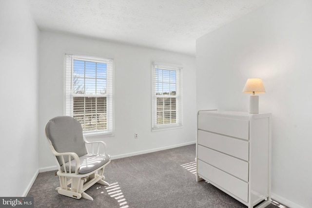 sitting room featuring dark carpet and a textured ceiling