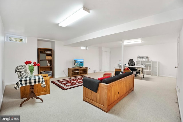 living room with light colored carpet