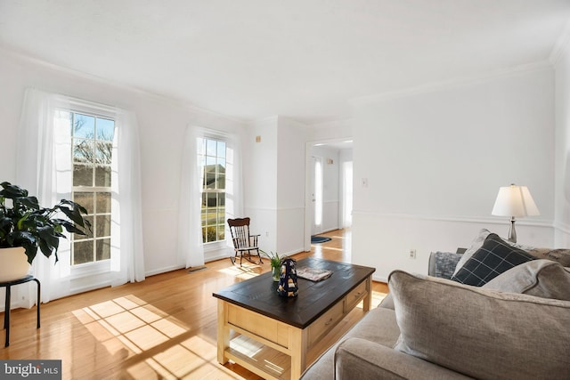 living room with a wealth of natural light, ornamental molding, and hardwood / wood-style floors