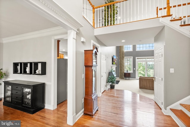 entryway with crown molding, light hardwood / wood-style floors, and a high ceiling