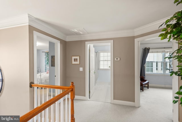 corridor featuring light carpet, ornamental molding, and a healthy amount of sunlight