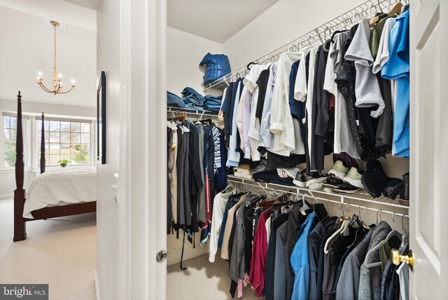 spacious closet featuring light carpet and a notable chandelier