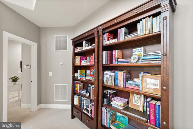 living area featuring light colored carpet