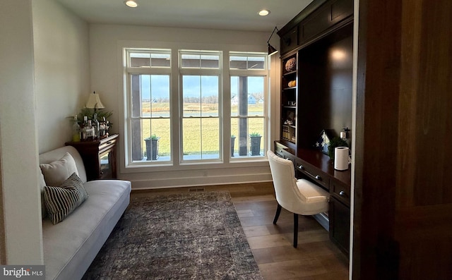 office space with dark hardwood / wood-style flooring