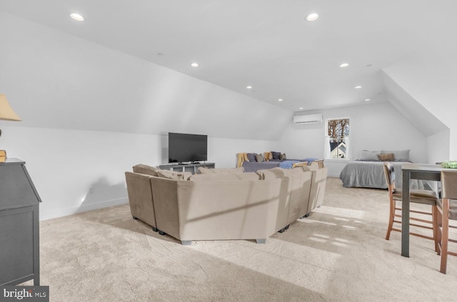 carpeted living room with lofted ceiling and a wall mounted AC