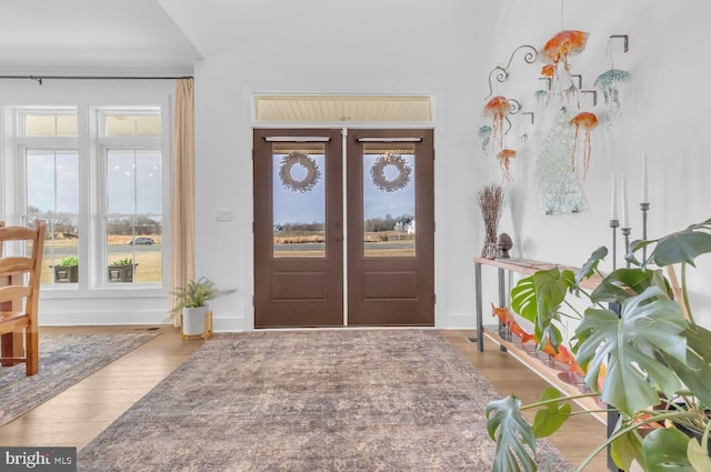 foyer with hardwood / wood-style floors and french doors