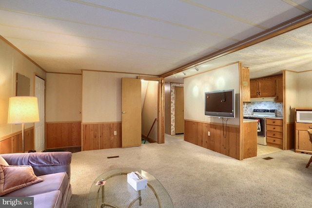 living room featuring crown molding, light colored carpet, and wood walls