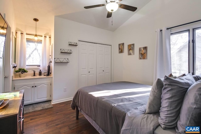 bedroom featuring ceiling fan, dark hardwood / wood-style flooring, vaulted ceiling, and a closet