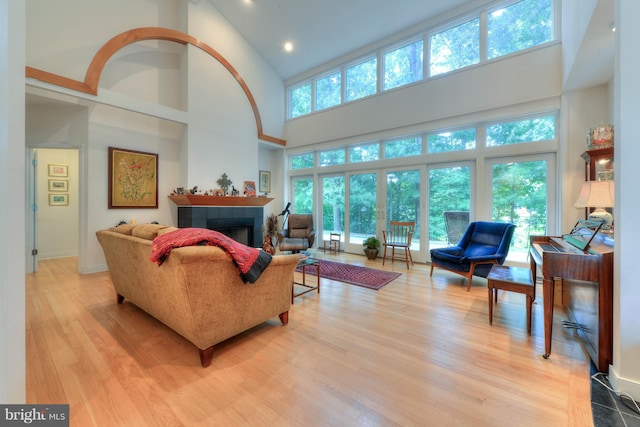 living room featuring a tiled fireplace, a high ceiling, a healthy amount of sunlight, and light hardwood / wood-style floors