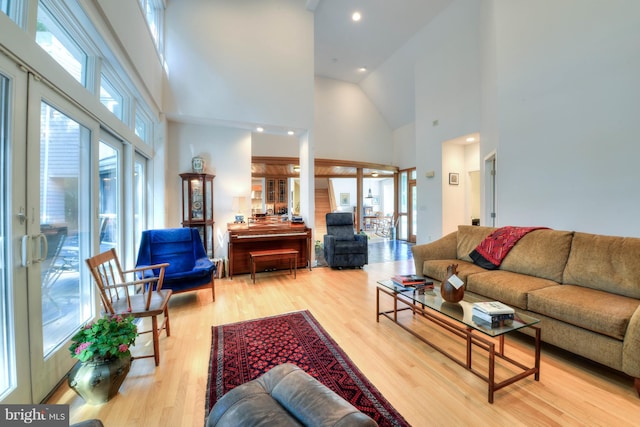 living room featuring a healthy amount of sunlight, light hardwood / wood-style flooring, and a high ceiling