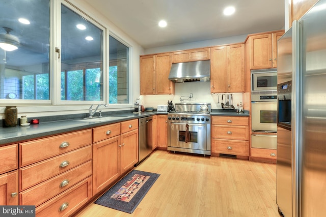 kitchen with stainless steel appliances, sink, and light hardwood / wood-style flooring