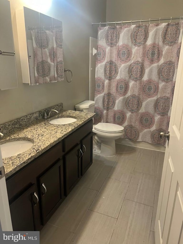 bathroom with vanity, walk in shower, and toilet