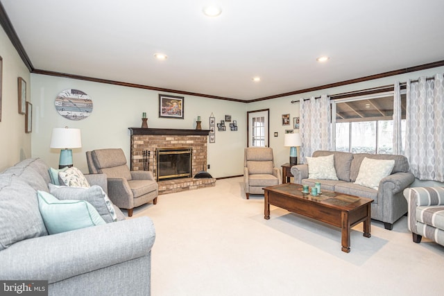 living area featuring recessed lighting, ornamental molding, a brick fireplace, carpet flooring, and baseboards