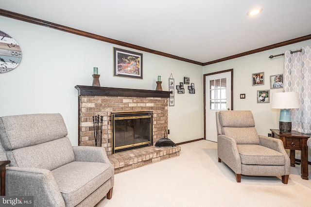 living area featuring baseboards, a fireplace, ornamental molding, and light colored carpet