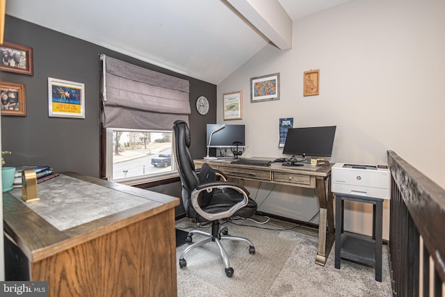 office space with vaulted ceiling with beams and carpet floors