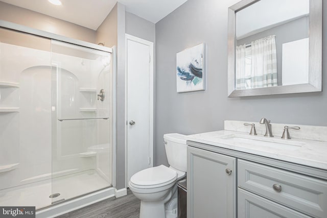 bathroom with toilet, wood finished floors, a shower stall, and vanity